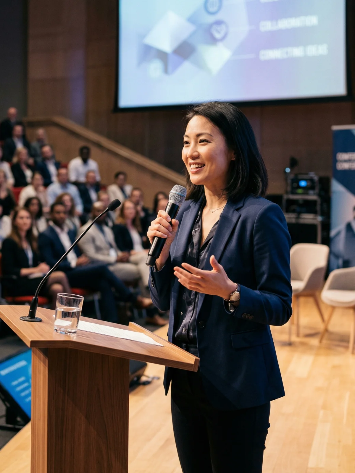 Woman speaking at a conference in front of an audience.