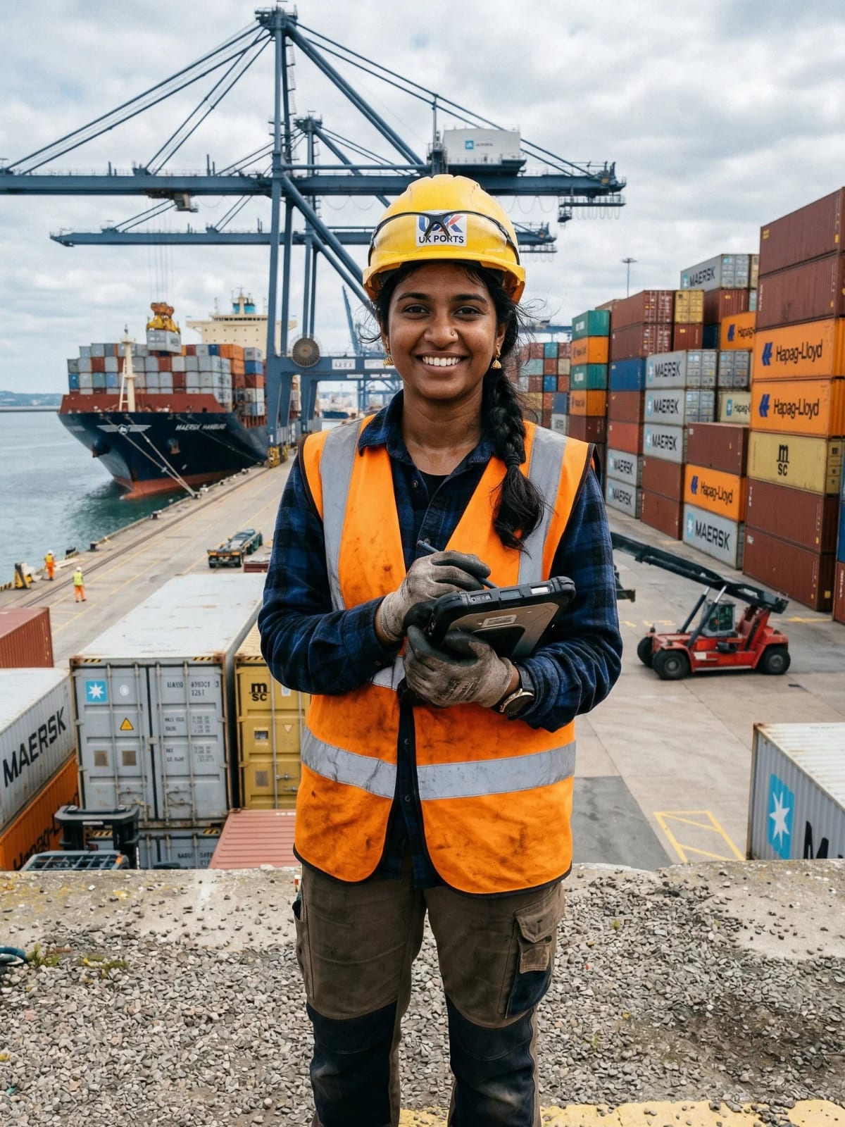 Port professional in safety gear reviewing operations at the terminal.